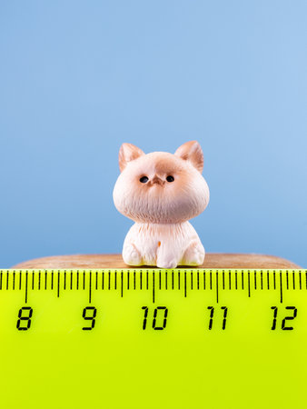 Close-up of small, cute figurines of an adorable white kitten, placed on a wooden podium.の写真素材