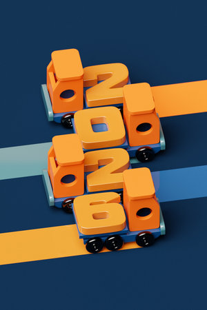 3D rendering of New Year's date 2026 on a kids toy truck. Symbol of the coming year. Changeability of years.の写真素材
