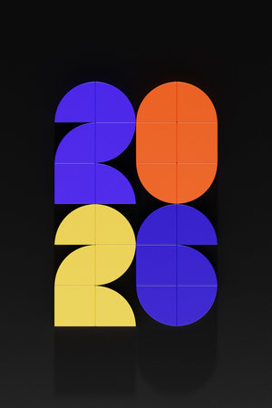 Volumetric multi-colored Numbers of 2026. Trendy Christmas background. Realistic 3d illustrationの写真素材