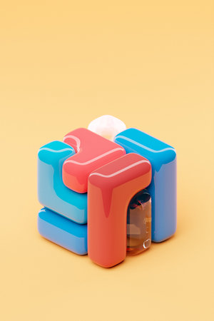 A stylized 3D cube featuring a palette of multiple colors, illustrating a digital abstract formの写真素材