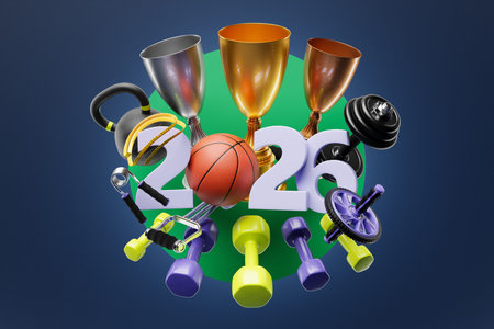 Greeting Christmas card with inscription 2026 and basketball and sports equipment on blue isolated...