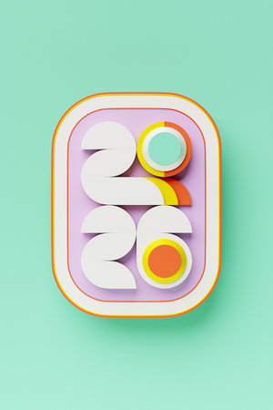 2026 new year card with 3d realistic year number on colorful background. 3D illustration. Volumetric...