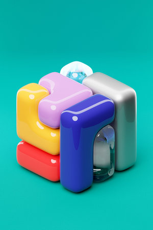 3d illustration of colorful cubes on a green background. Digital shapes