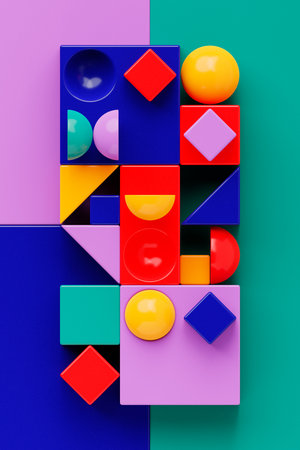 3d illustration of colorful set of shapes on bright background, pattern. Geometry backgroundの写真素材
