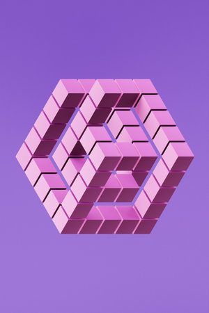 A stylized 3D cube featuring a palette of purple colors, set against a lush purple background, illustrating a digital abstract formの写真素材