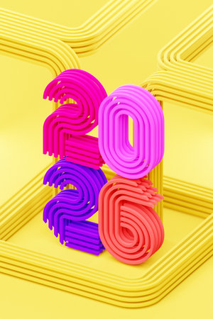 Happy New Year 2026. Volumetric multi-colored Numbers of 2026. Trendy Christmas background. Realistic 3d illustrationの写真素材
