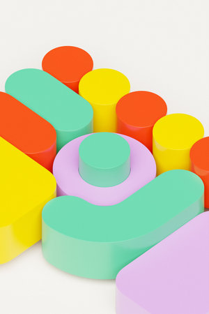 A colorful 3D shapes pattern on a monochrome background, illustrating a digital abstract form