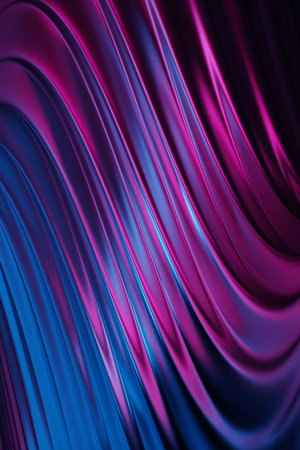 3d illustration of a stereo strip of different colors. Geometric stripes similar to waves. Abstract purple glowing crossing lines patternの写真素材