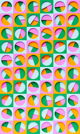 A 3D illustration of a colorful pattern in a geometric ornamental style, featuring an abstract geometric background and textured surface. This design resembles a patterned floor mosaic with intricate, vibrant details and depthの写真素材