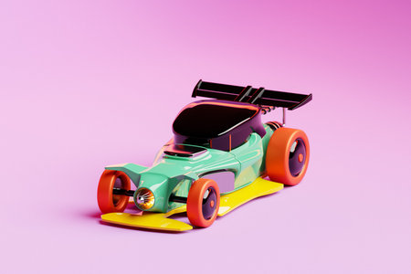 A colorful 3D model of a retro sports car with vibrant multi-colored accents, set against a pink...