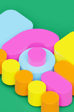 A vibrant 3D shapes with colorful colors positioned on a green background, representing a digital geometric shapeの写真素材