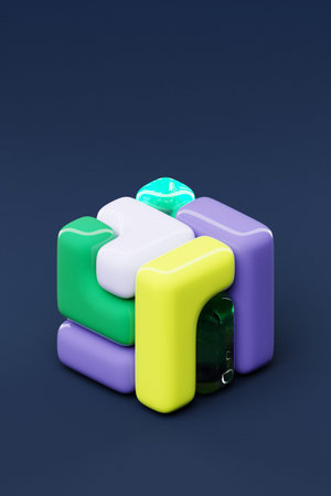 A 3D illustration of a colorful cube set against a purple background, showing a digital, geometric...