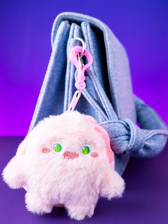 A close-up of a soft pink plush wallet featuring a fun and adorable monster design on blue bag