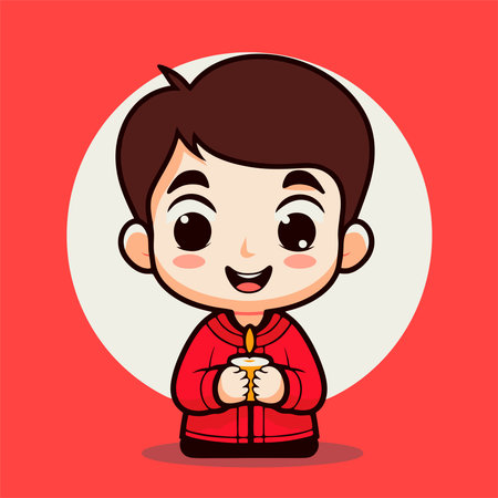 Little boy holding candle cartoon vector illustration. Chinese New Year concept.のイラスト素材