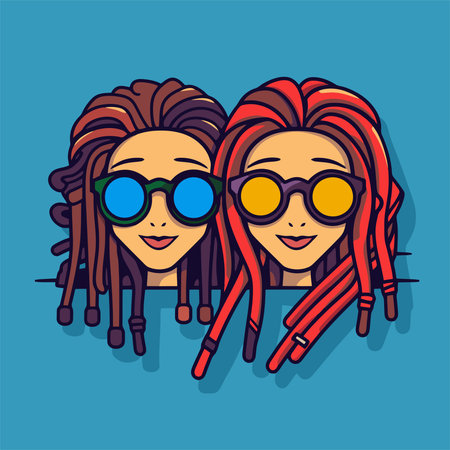 Vector illustration of two girls in sunglasses with dreadlocks. Cartoon style.のイラスト素材
