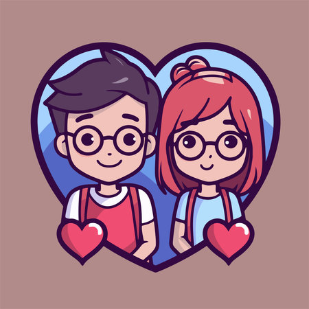 Cute cartoon boy and girl in heart shape. Vector illustration.のイラスト素材
