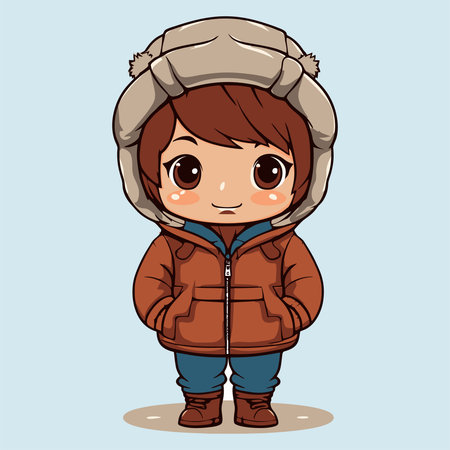 Cute little girl in warm winter clothes. Cartoon vector illustration.のイラスト素材
