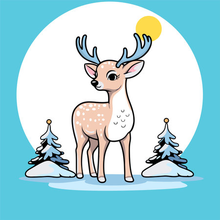 Cute cartoon deer with christmas tree and snow. Vector illustration.のイラスト素材