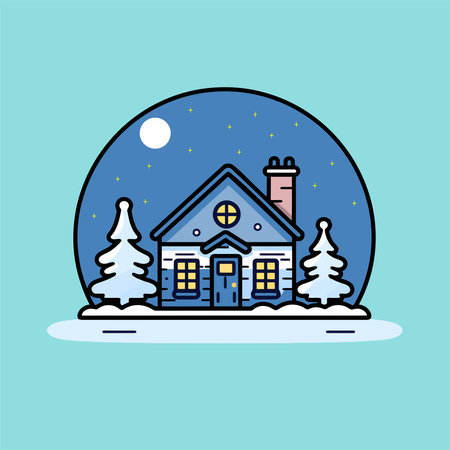 Winter house with christmas tree and snow. Vector illustration in flat styleのイラスト素材