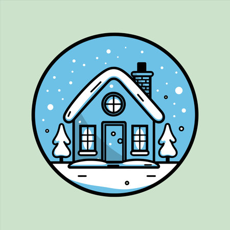 Winter house icon. Vector illustration in trendy flat linear style on blue background.のイラスト素材