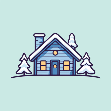 Winter house with chimney and trees. Vector illustration in flat styleのイラスト素材