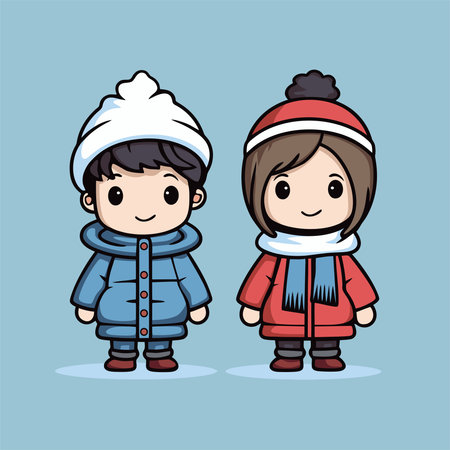 Cute little boy and girl in winter clothes. Vector illustration.のイラスト素材