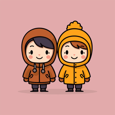 cute boy and girl wearing warm winter clothes. Vector illustration.のイラスト素材