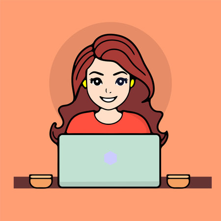 Vector illustration of a young woman using a laptop computer at home.のイラスト素材