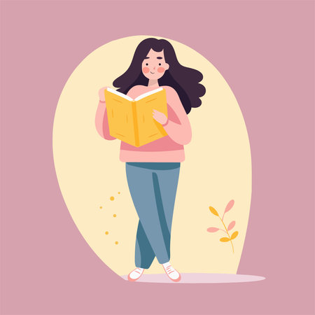 Girl reading a book. Vector illustration in a flat style. Isolated on a pink background.のイラスト素材