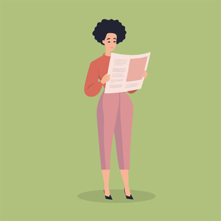 Businesswoman reading newspaper. Vector illustration in flat style. Isolated on green background.のイラスト素材