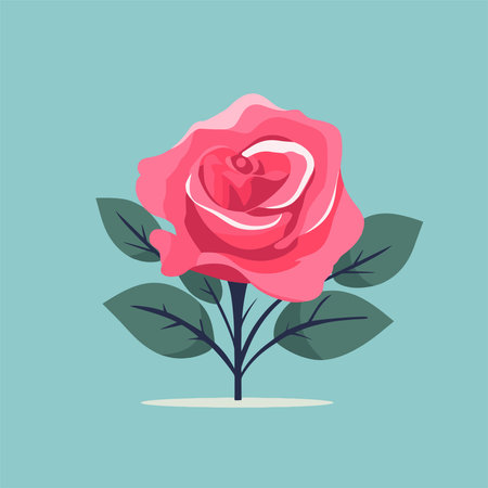 Pink rose with green leaves on a blue background. Vector illustration.のイラスト素材
