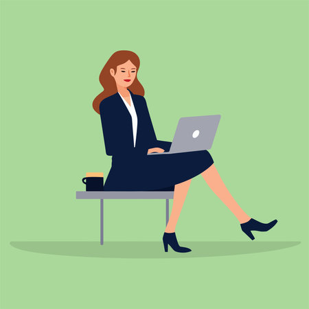 Businesswoman sitting on chair with laptop. Vector illustration in flat styleのイラスト素材