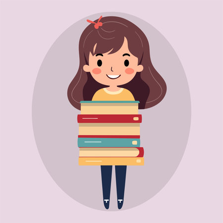 Cute little girl holding a stack of books. Vector illustration.のイラスト素材