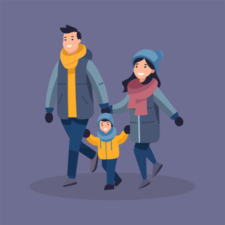 Happy family walking in winter clothes. Father, mother and son. Vector illustration in cartoon style.のイラスト素材
