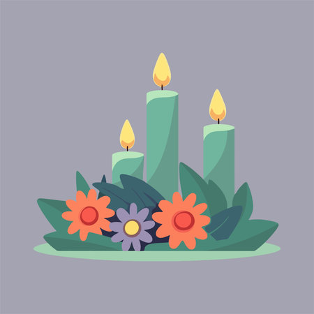Candles with flowers and leaves. Vector illustration in flat style.のイラスト素材