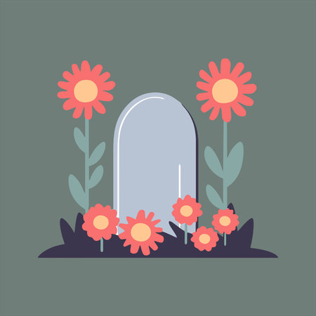 Grave with flowers. Vector illustration in flat style. Isolated on green background.のイラスト素材