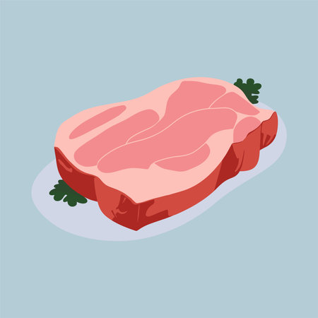 Raw pork meat on a plate. Vector illustration in flat style.のイラスト素材