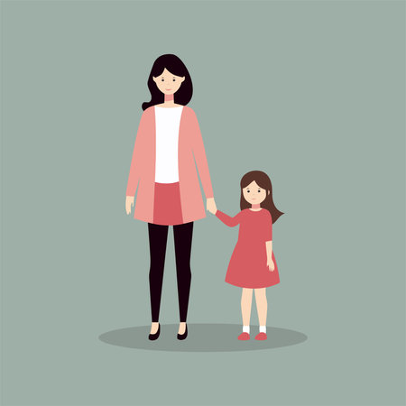 Mother and daughter holding hands. Vector illustration in flat cartoon style.のイラスト素材