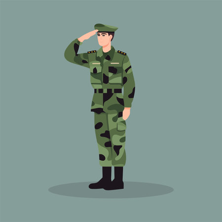 Soldier in uniform saluting. Vector illustration in flat style.のイラスト素材