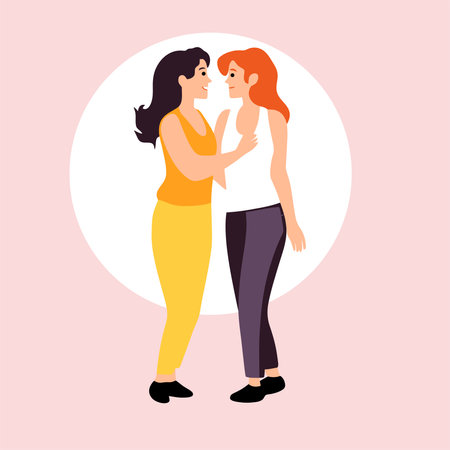 Two young women in love. Vector illustration in flat cartoon style.のイラスト素材