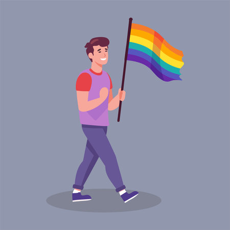 Man holding a rainbow flag. LGBT concept. Vector illustration in cartoon styleのイラスト素材