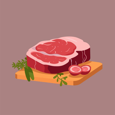Raw pork meat on cutting board. Vector illustration in flat style.のイラスト素材