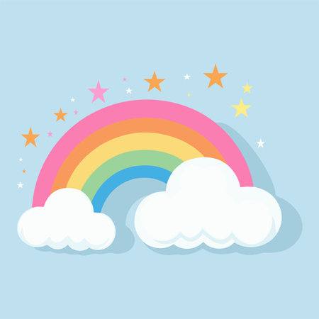 Rainbow with clouds and stars. Cute cartoon vector illustration.のイラスト素材