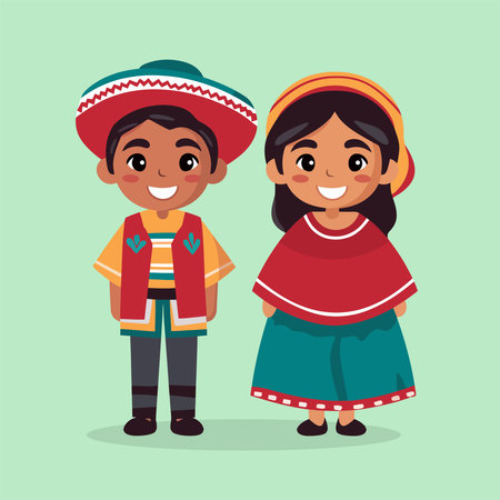 Cute boy and girl in mexican costume. Vector illustrationのイラスト素材