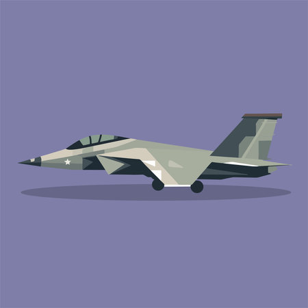 Military fighter jet. Vector illustration in flat style. Isolated on purple background.のイラスト素材