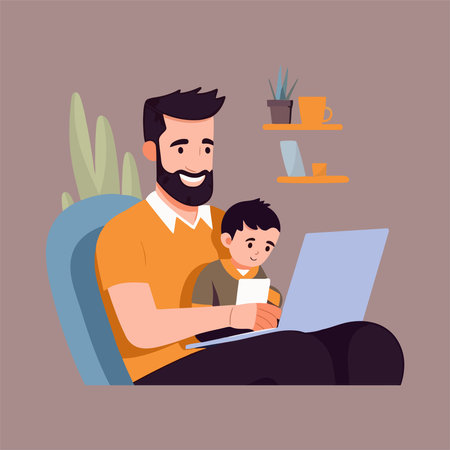 Father and son using laptop at home. Vector illustration in cartoon styleのイラスト素材