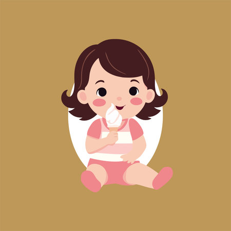cute little girl eating ice cream. vector illustration in flat styleのイラスト素材