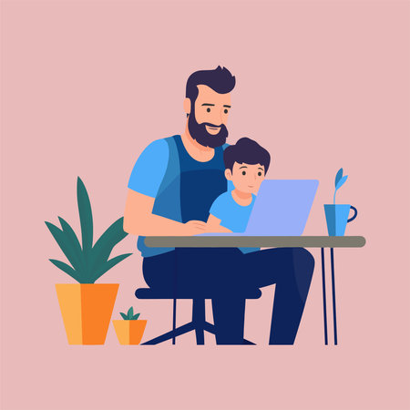 Father and son working at home. Vector illustration in flat style.のイラスト素材