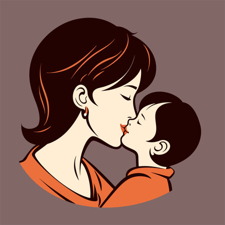 Mother kissing her son. Vector illustration of a mother and child.のイラスト素材
