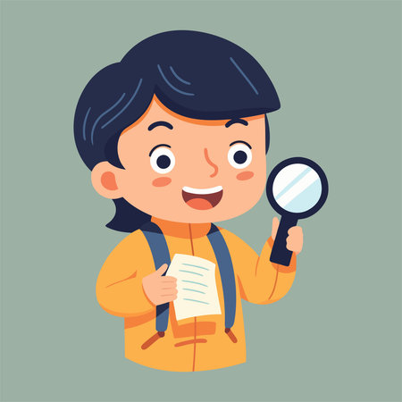 Boy holding a magnifying glass and a checklist. Vector illustration in cartoon style.のイラスト素材